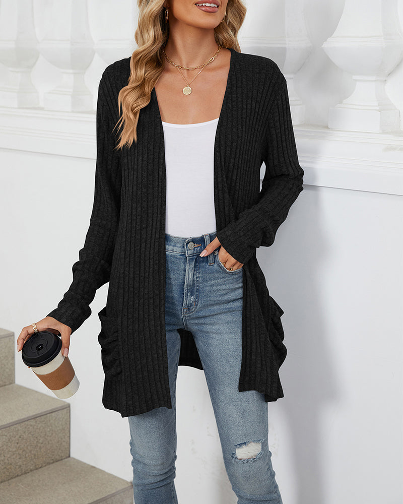 Casual solid color pocket long sleeve cardigan