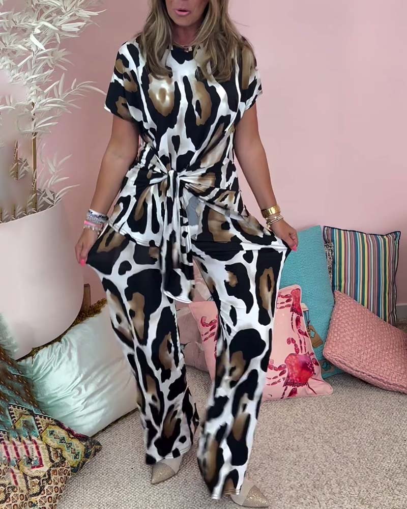 Leopard print lace-up casual two-piece set