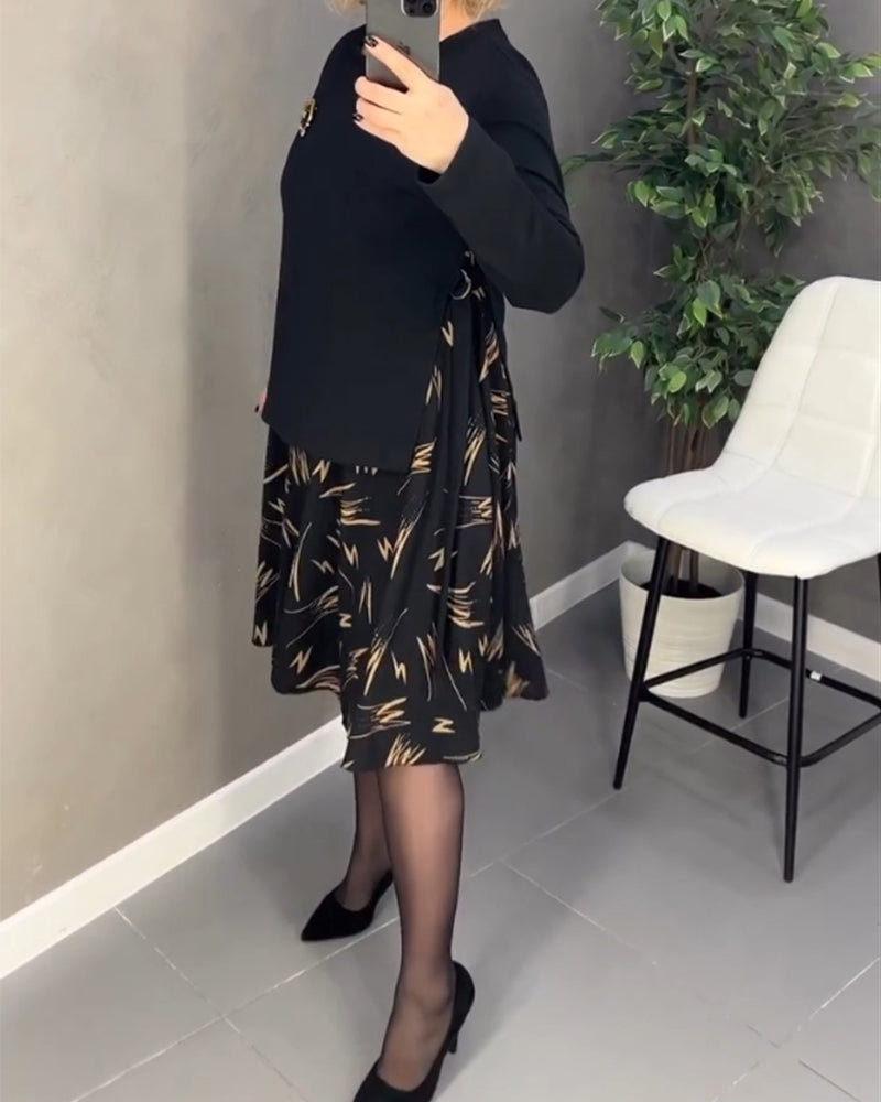 Casual Loose Print Dress with Round Neck