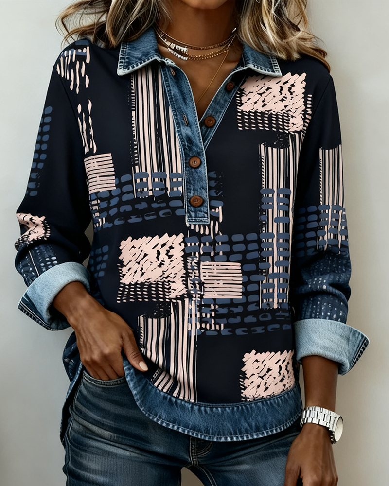 Button-Down Collar Printed Patchwork Sweatshirt