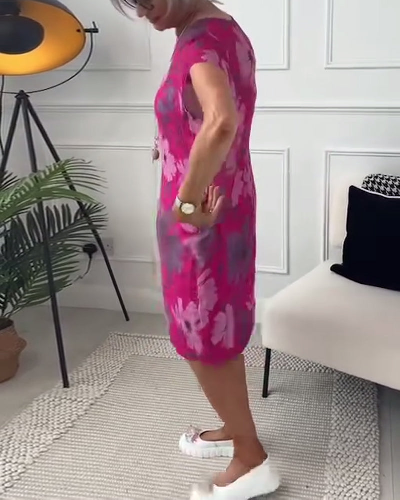 Casual floral print short-sleeve pockets loose dress