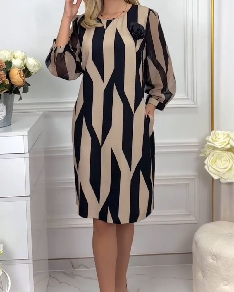 Round Neck Lantern Sleeve Printed Dress