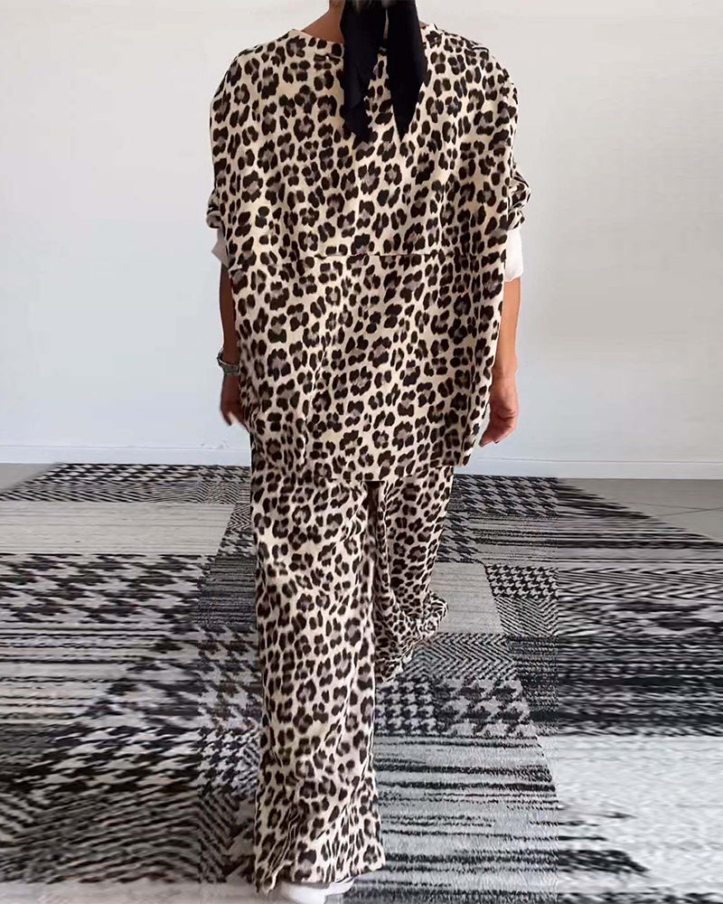 Casual leopard print crew neck pocket top wide leg pants set