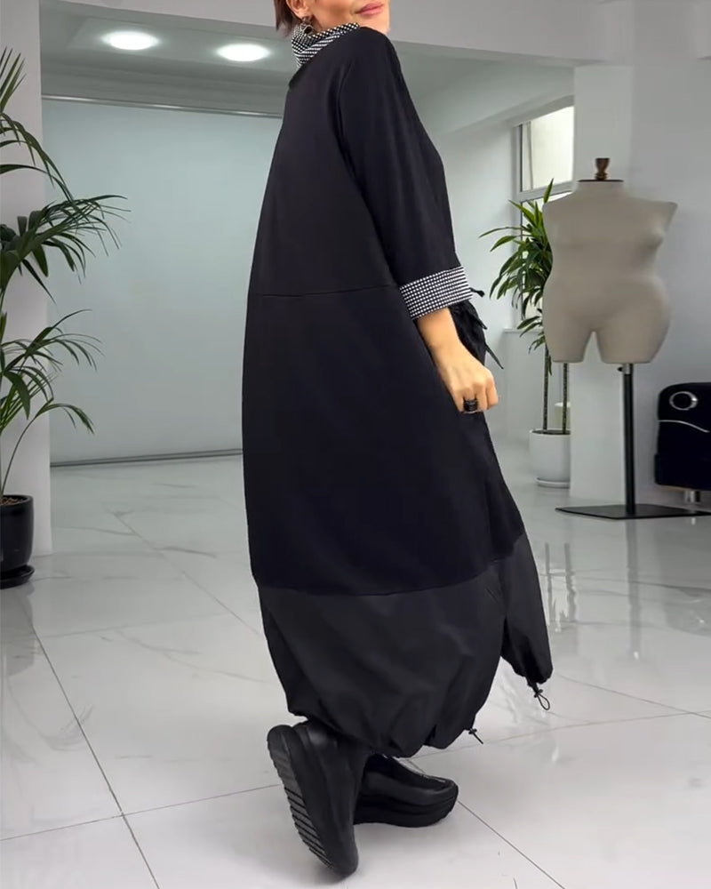 Casual plaid patchwork high collar pocket dress