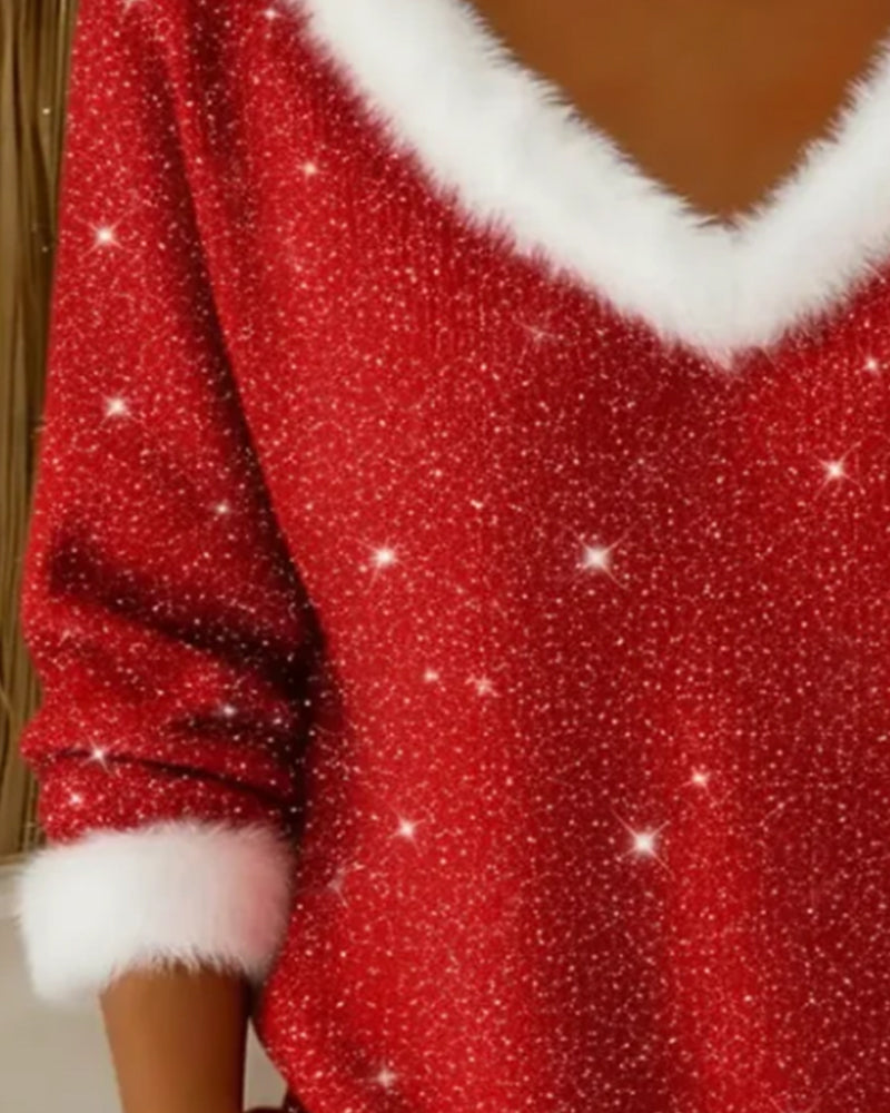 V Fur Collar Shiny Fashionable Jumper