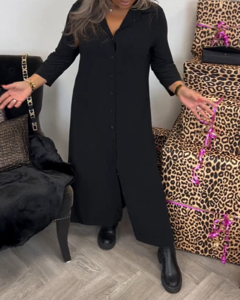 Buttoned V-neck solid color dress