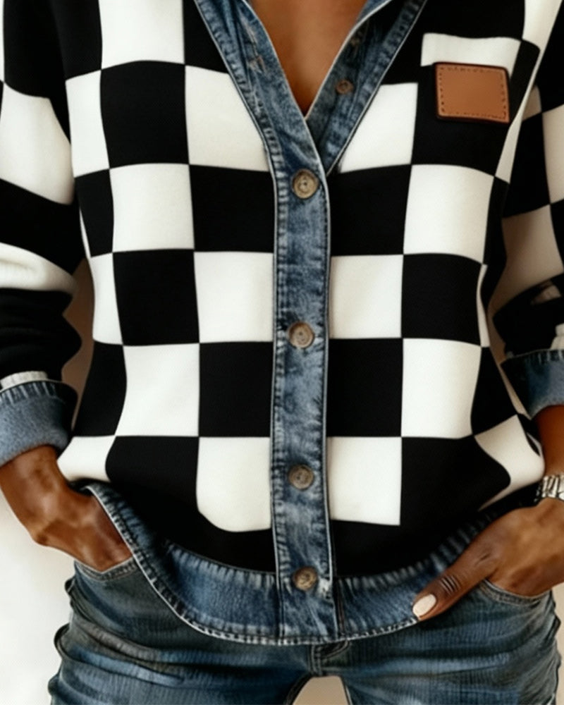 Checkered Denim Patchwork Coat