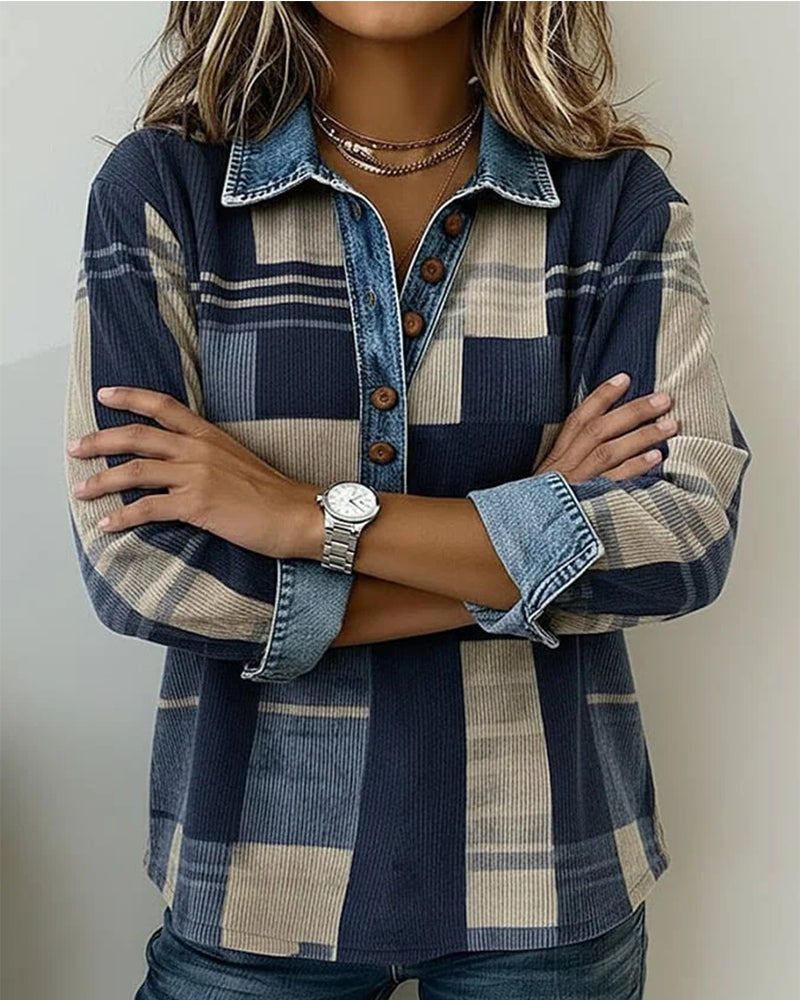 Button-Down Color-Blocked Printed Sweatshirt