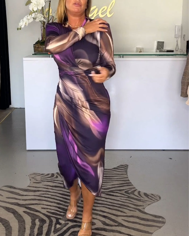 V-neck long sleeve slit dress