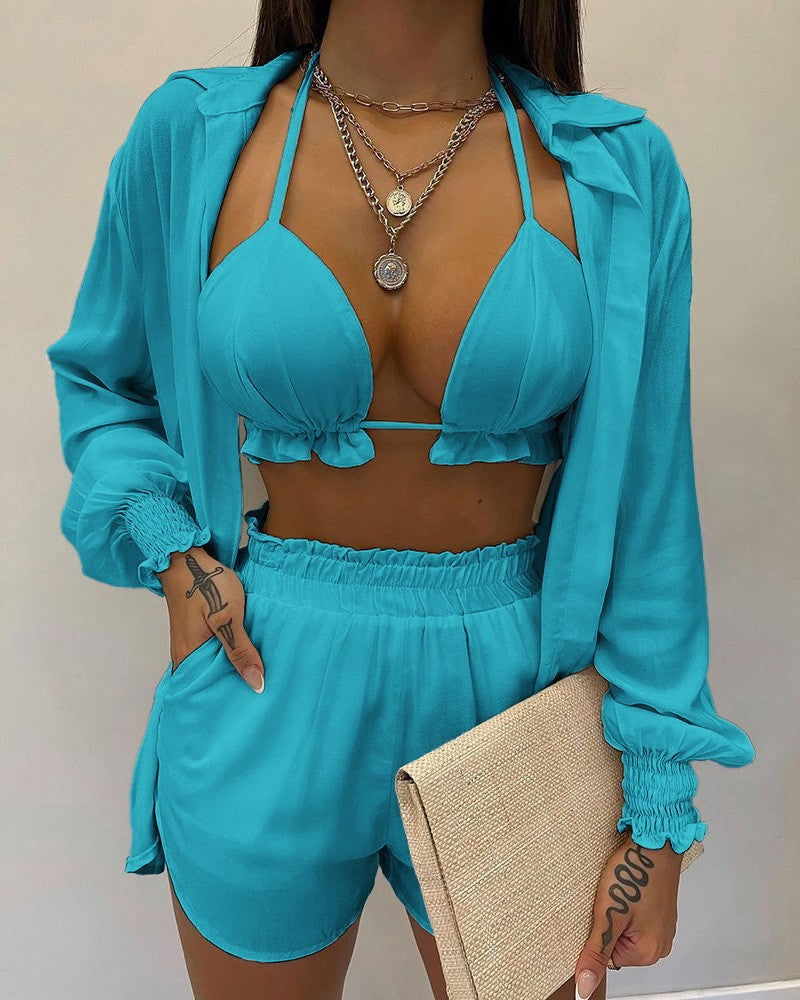 Balloon sleeve shirt bikini three piece set