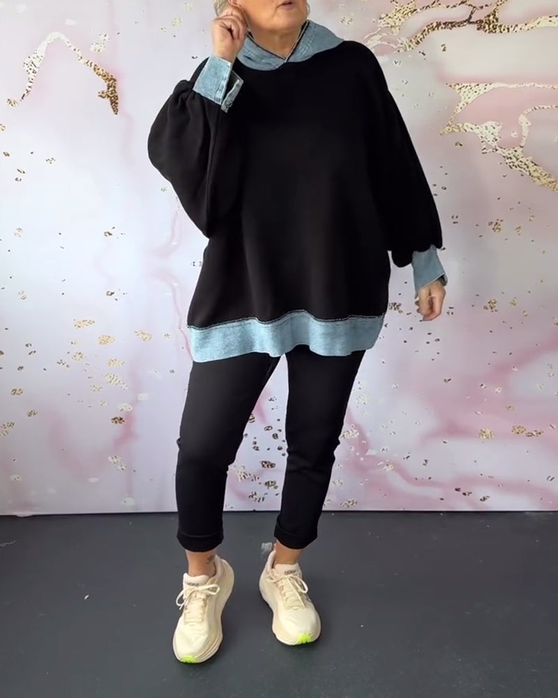 Casual contrast color lantern sleeve hoodie
