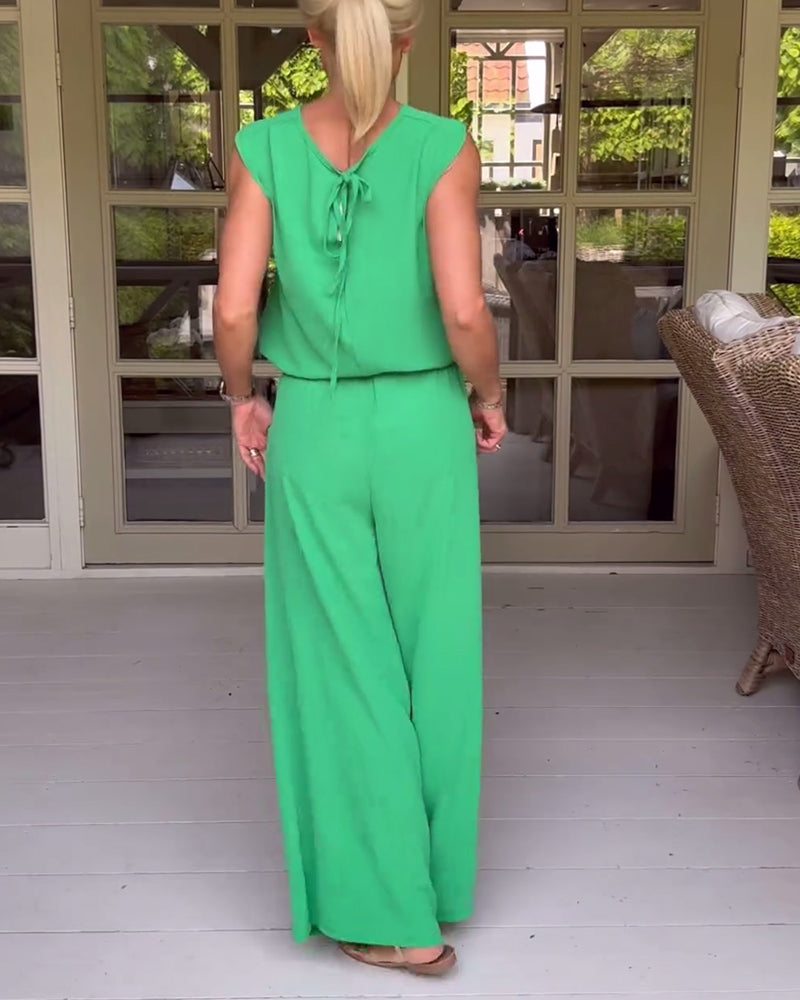 Solid color sleeveless hollow tank top wide leg pants set