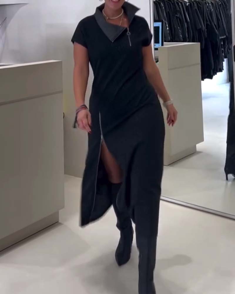 Casual Asymmetrical Neck Zipper Slit Dress