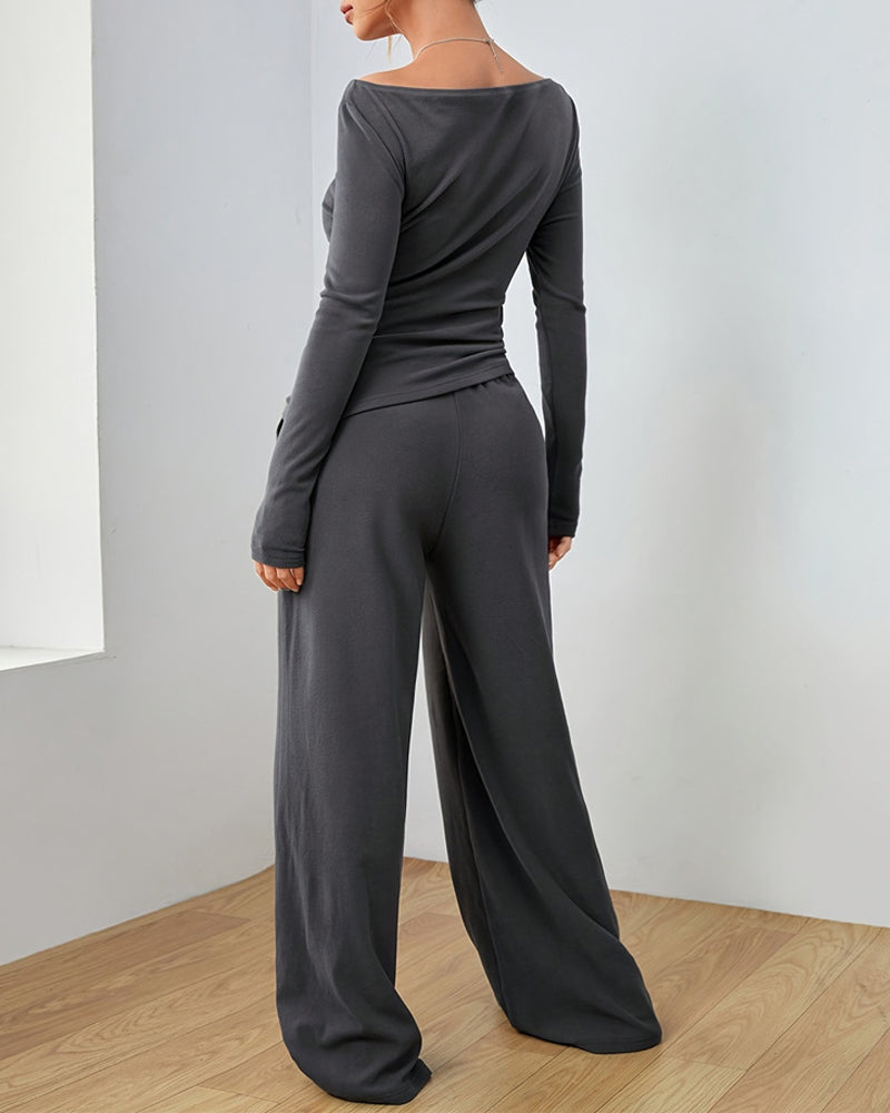 Two-piece set - solid color top and wide-leg pants