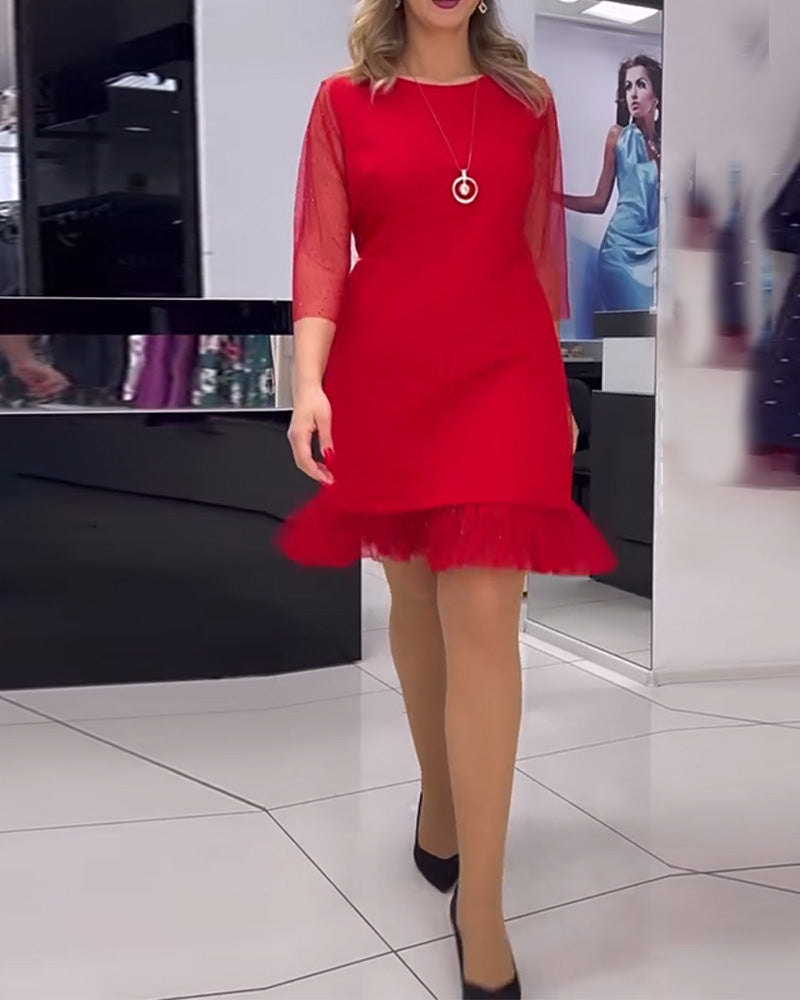 Solid color mesh stitching sequin dress