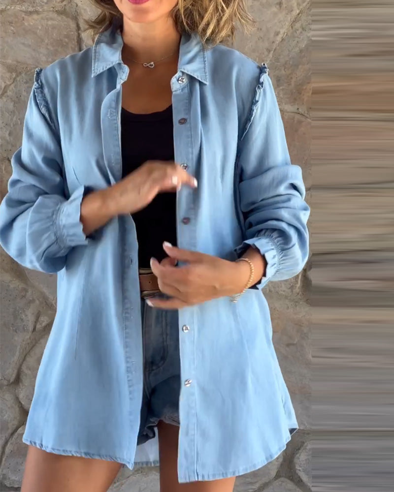 Solid Color Denim Long Sleeve Top