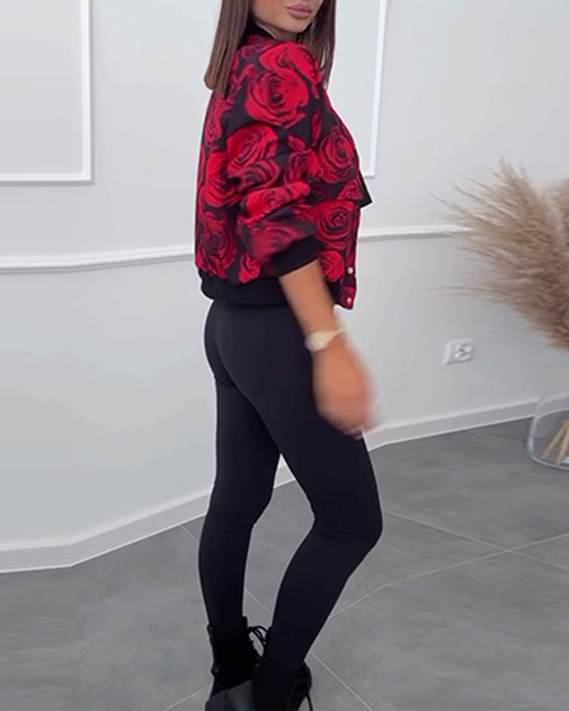 Rose print button casual jacket