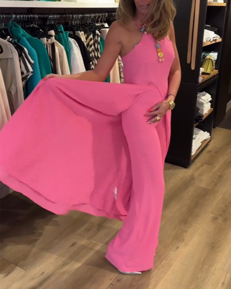 Halter neck slit solid color two piece set