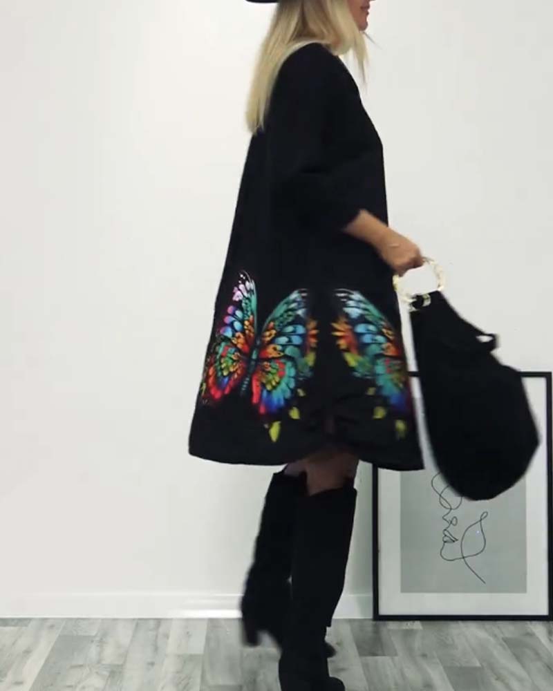 Butterfly print pocket long sleeve dress