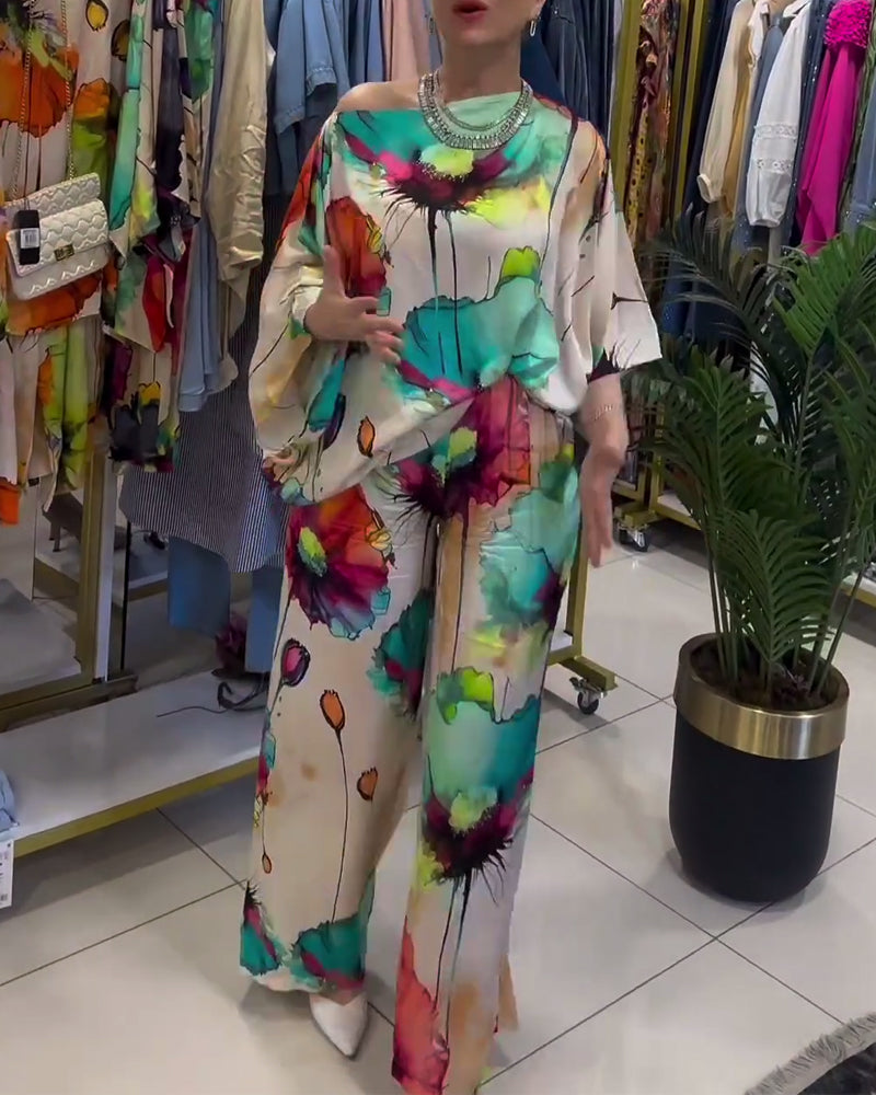 Lotus print one-shoulder three-quarter sleeve set