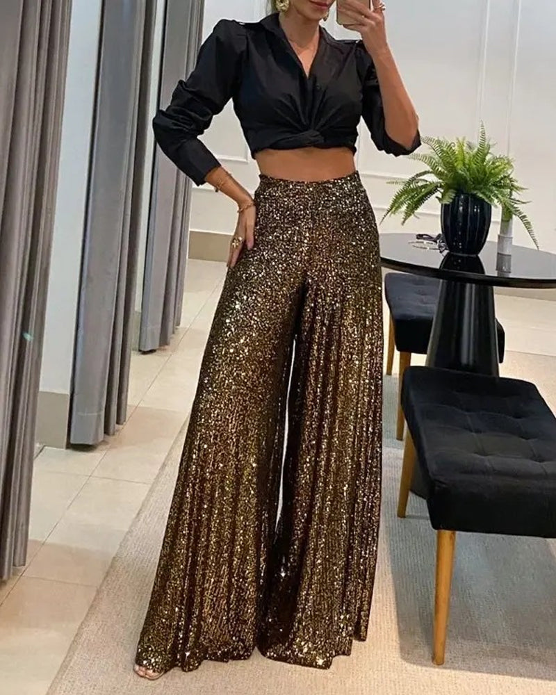 High-waist sequined wide-leg pants