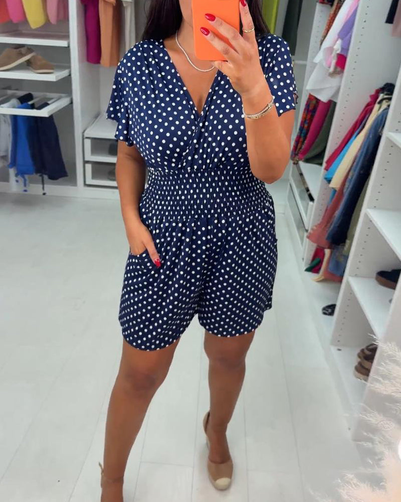 Casual polka dot printed V-neck short-sleeve jumpsuit