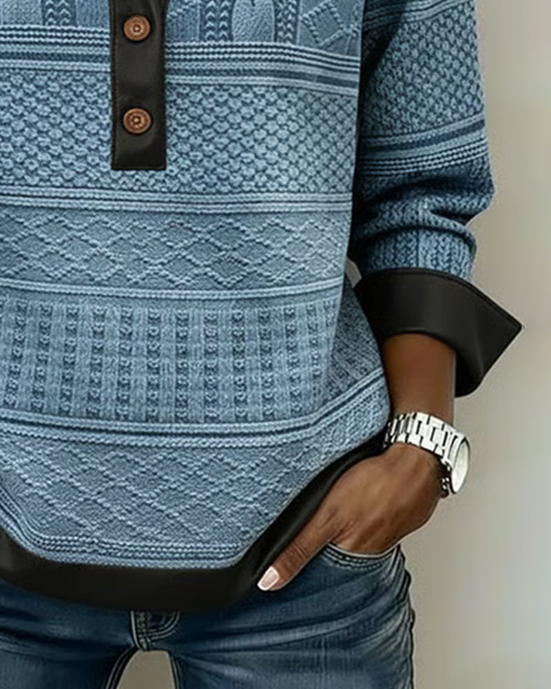 Button-Down Collar Patchwork Sweatshirt