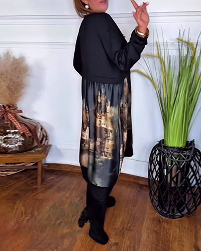 Casual Printed Long-Sleeved Dress