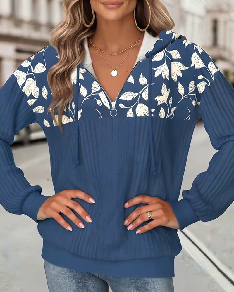 Hooded Half-Zipper Floral Printed Sweatshirt