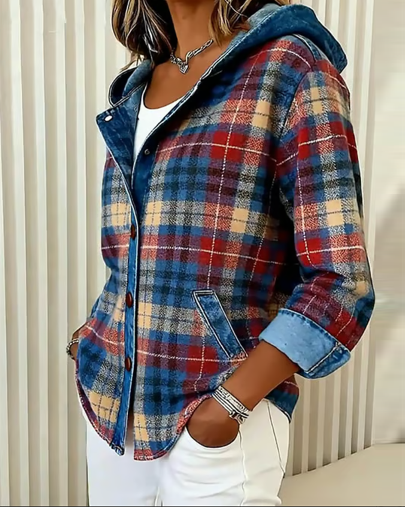 Fashionable Hooded Plaid Coat