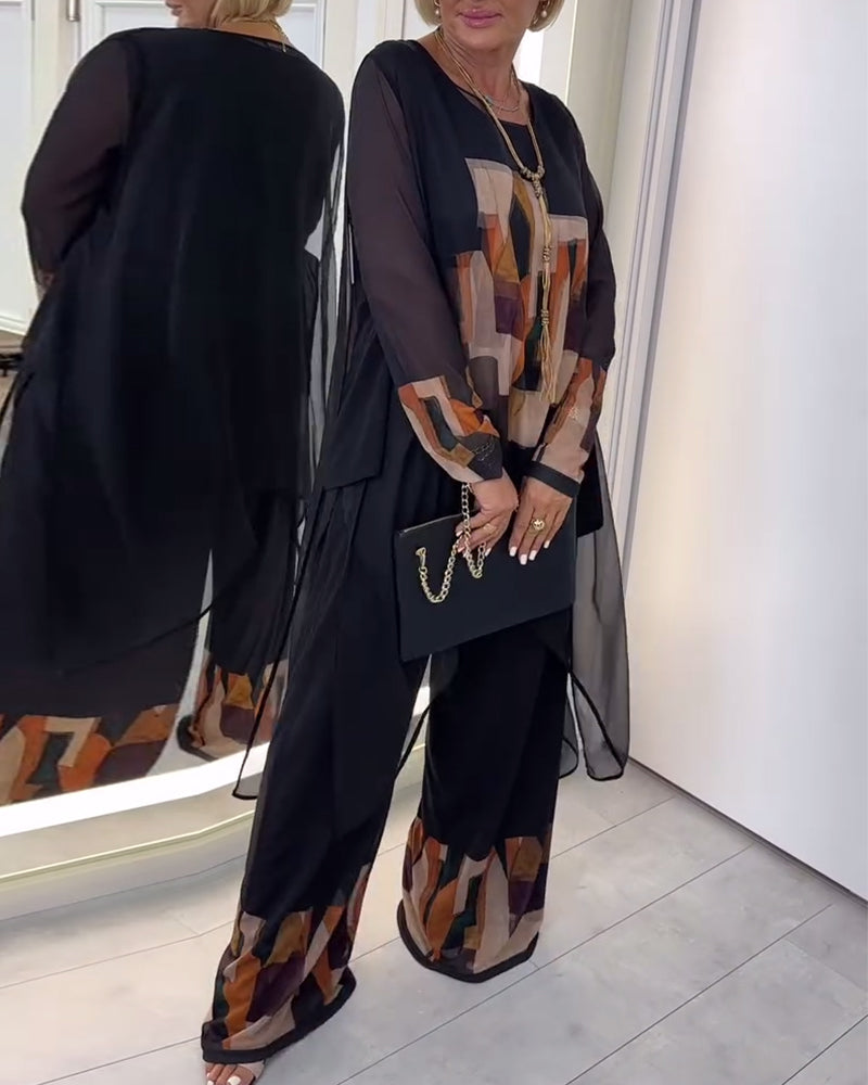 Temperament Long-Sleeved Printed Wide-Leg Suit