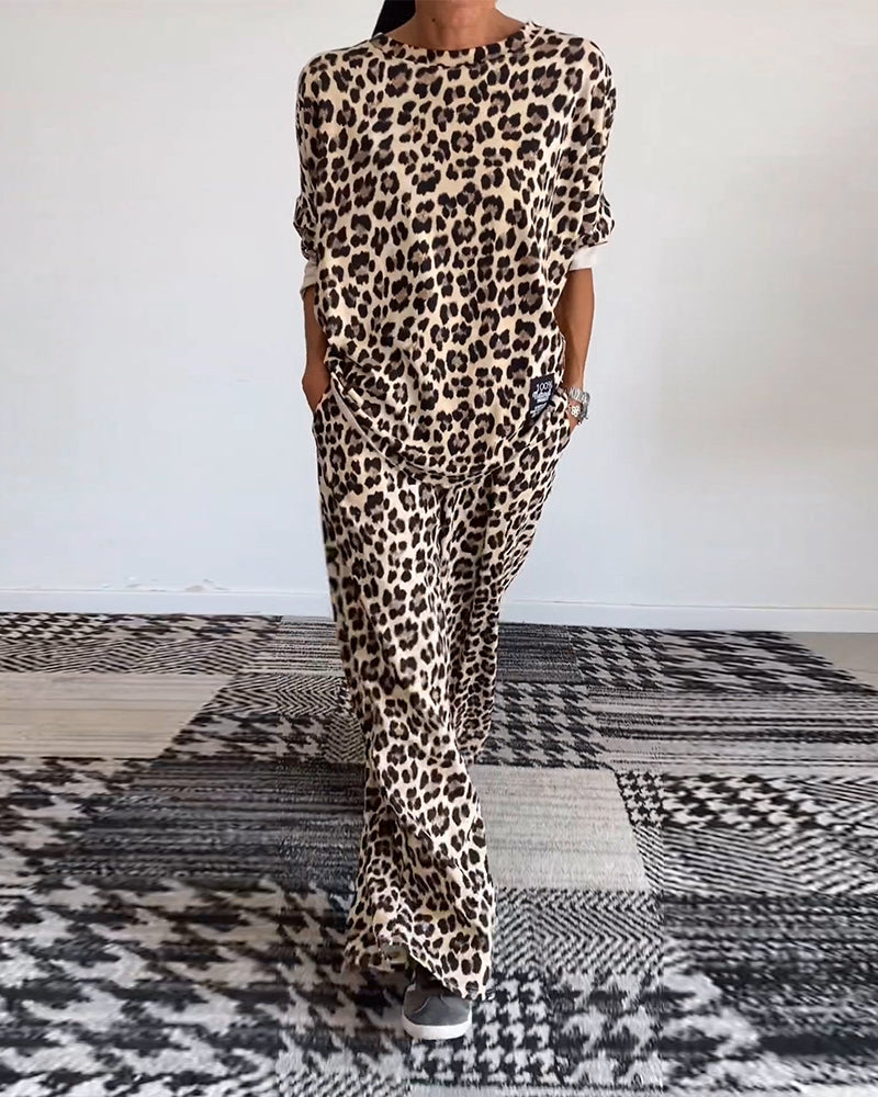Casual leopard print crew neck pocket top wide leg pants set