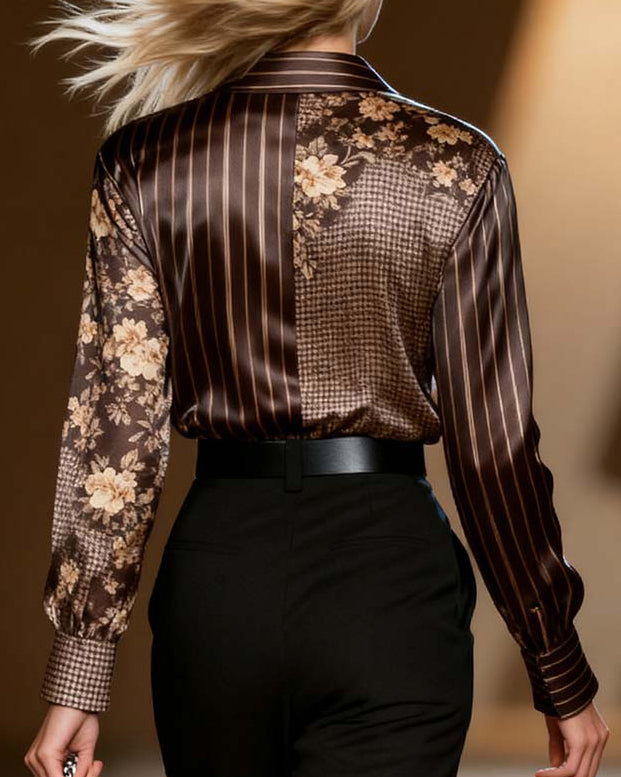 Casual Plaid Stripe Print Long Sleeve Blouse