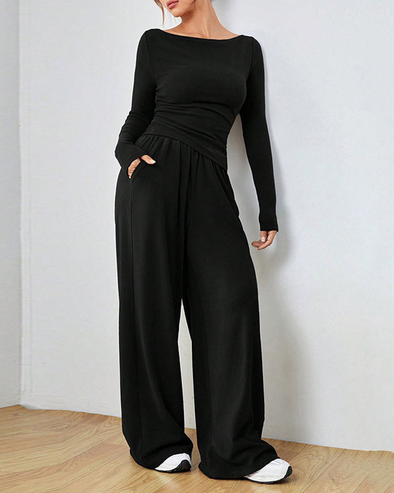 Two-piece set - solid color top and wide-leg pants