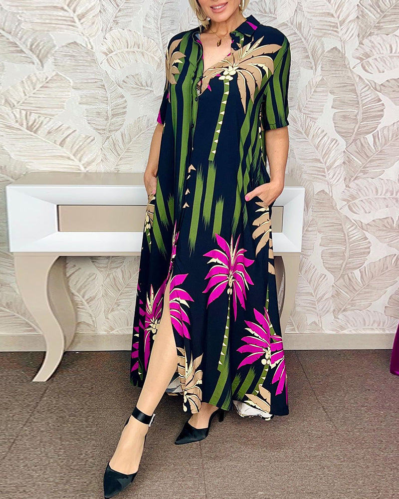 Casual leaf print slit short sleeve loose dress