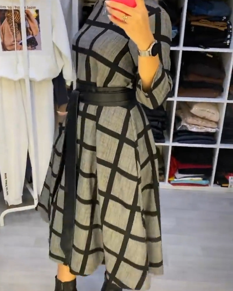 A-Line Plaid Dress with Round Neck