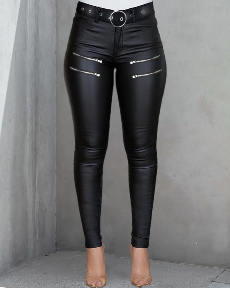 High Waist PU Zipper Pants