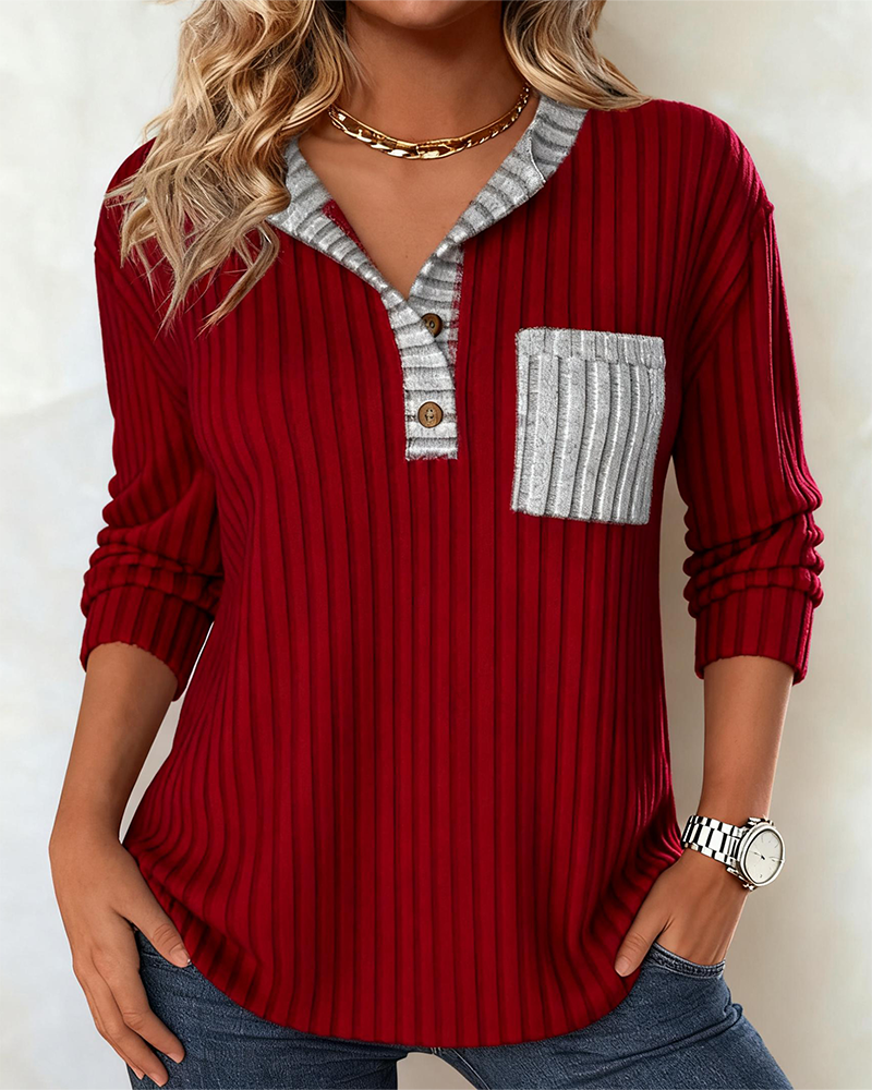 Button-Down Collar Color-Blocked Ribbed Sweatshirt