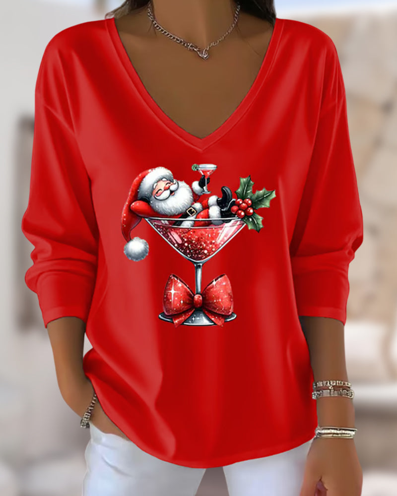 V-Neck Loose-Fitting Christmas Wine Glass Print Top