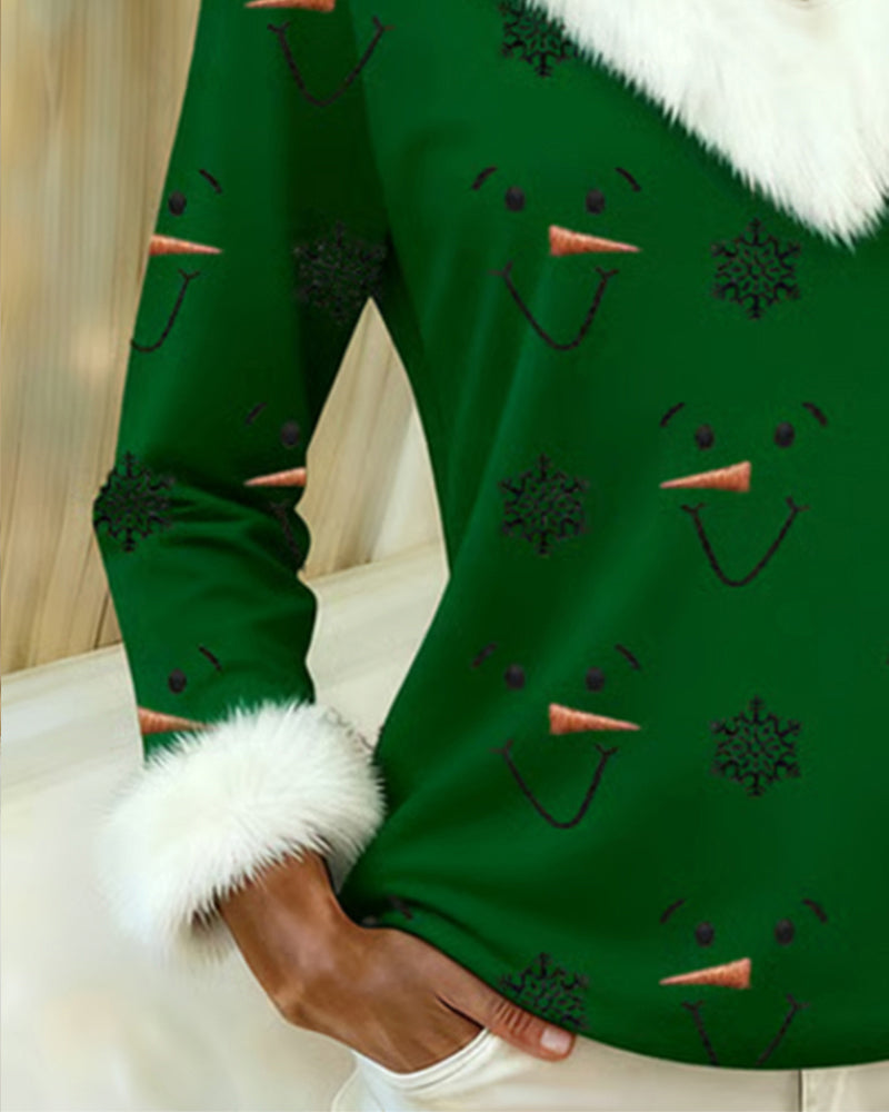 Fashionable Printed Fur Collar Top