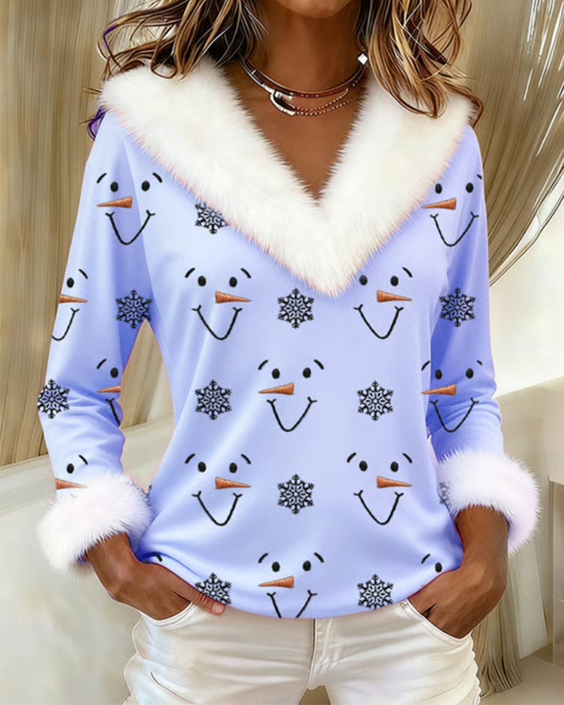 Fashionable Printed Fur Collar Top