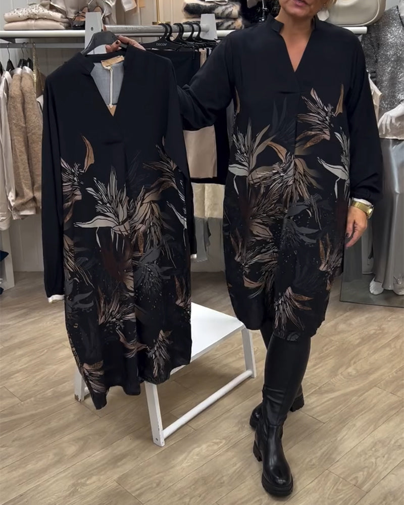 V-Neck Leaf Print Long-Sleeved Dress