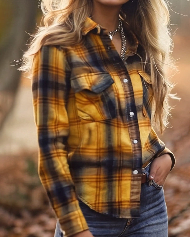 Casual Plaid Pocket Blouse