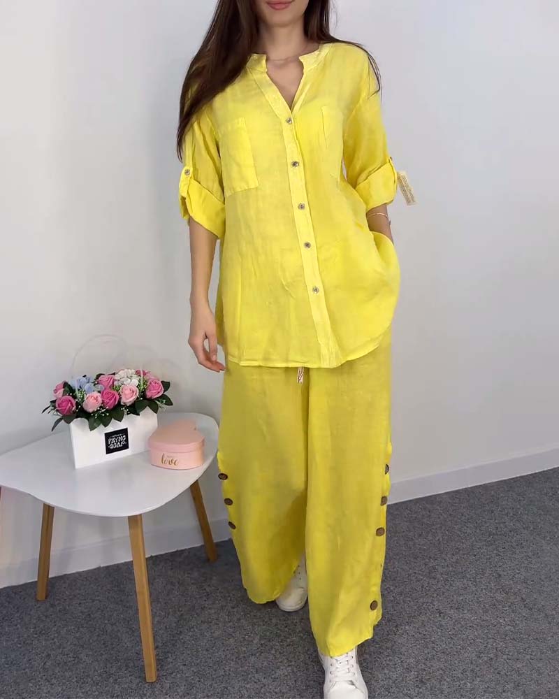 Solid color button pocket lace blouse wide leg pants set