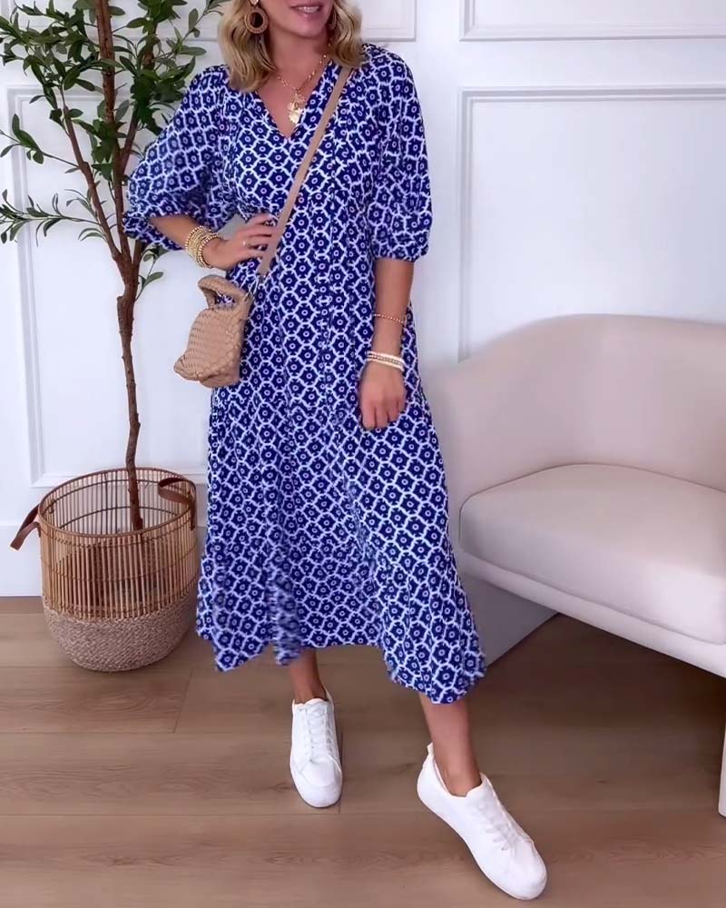 Casual printed V-neck three-quarter sleeve dress