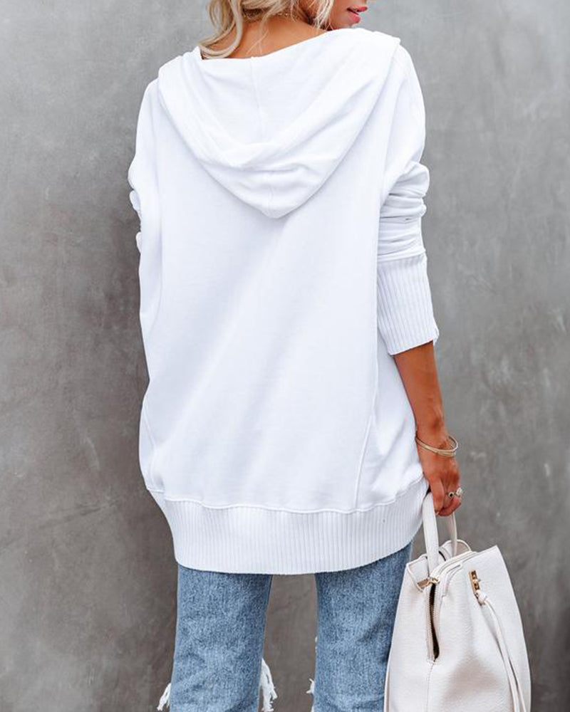 Casual V-Neck Hooded Solid Color Loose Sweatshirt
