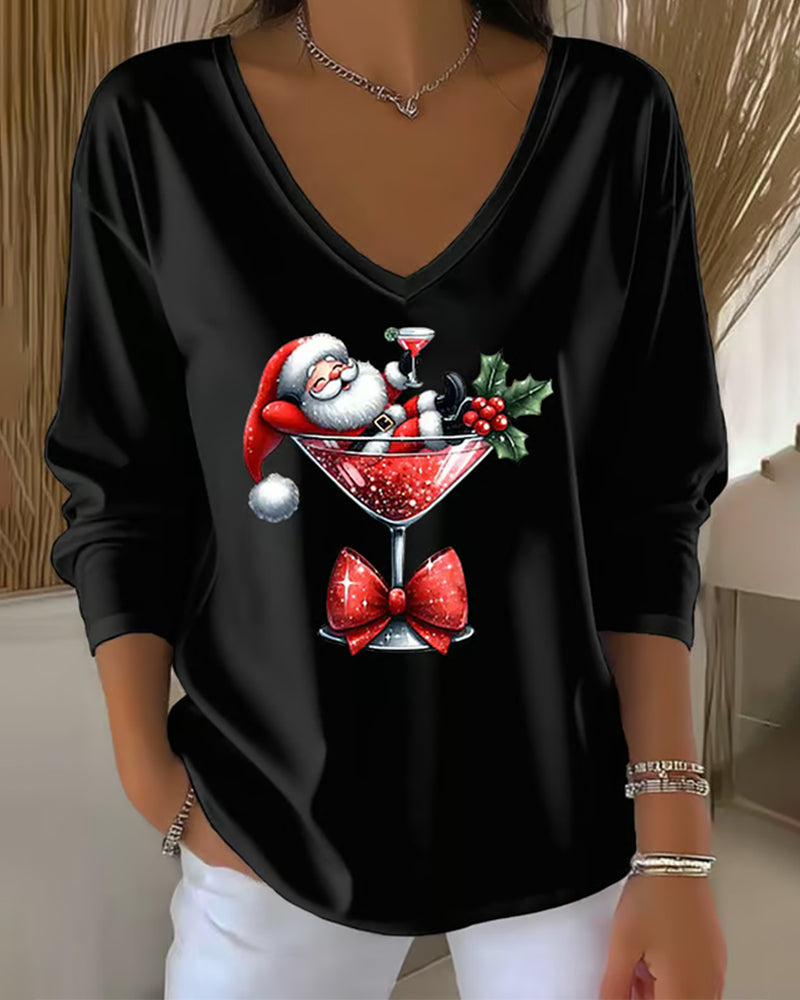V-Neck Loose-Fitting Christmas Wine Glass Print Top