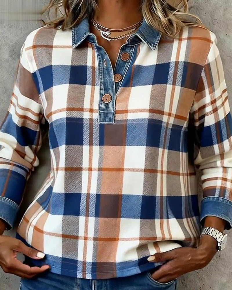 Casual Denim Patchwork Plaid Blouse