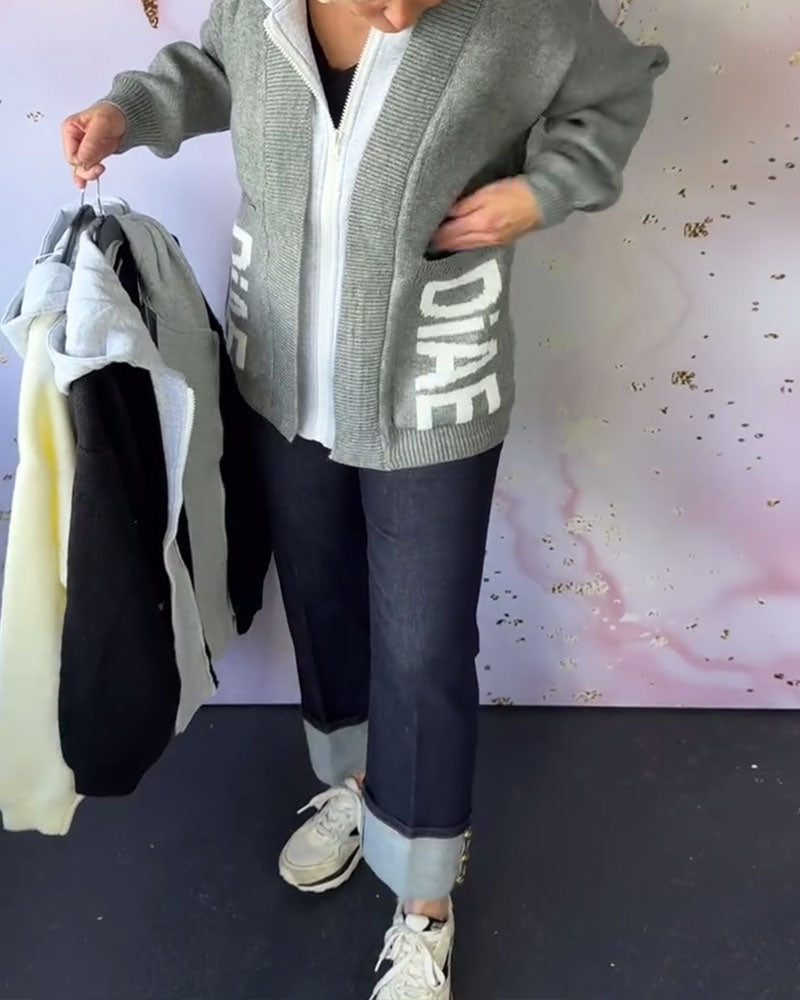 Casual Letter Long-Sleeved Sweater Coat