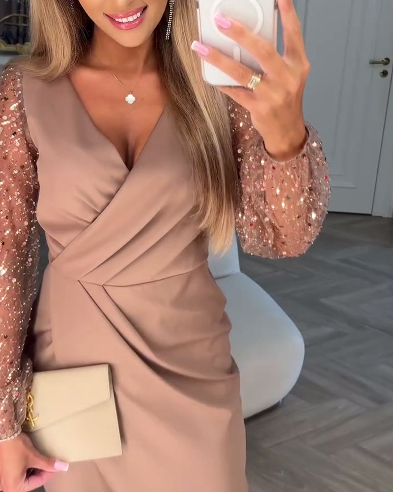 Sequined Sleeves Elegant Slit Dress